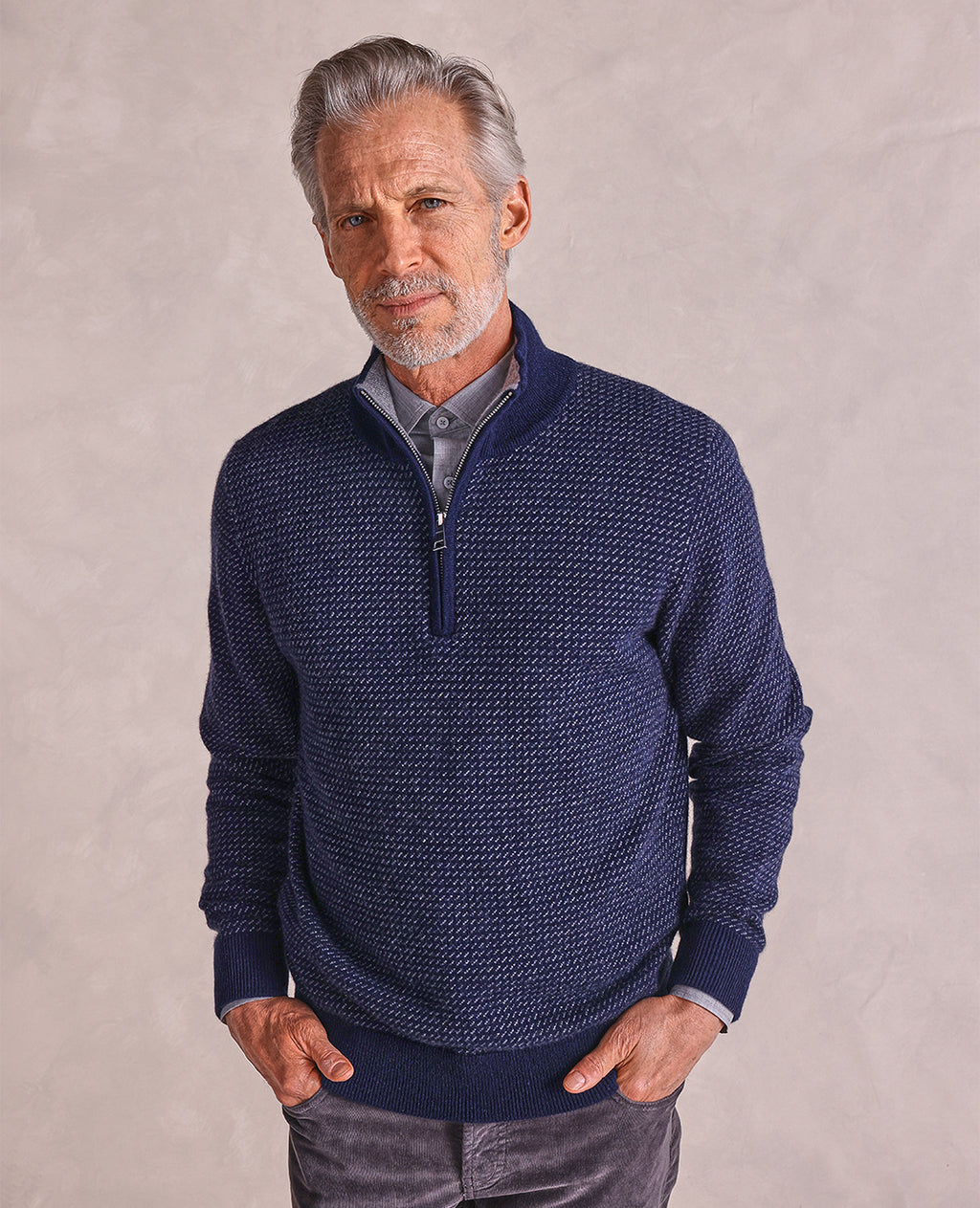 The Adler - Cashmere 1/4 Zip Sweater - Navy/Grey